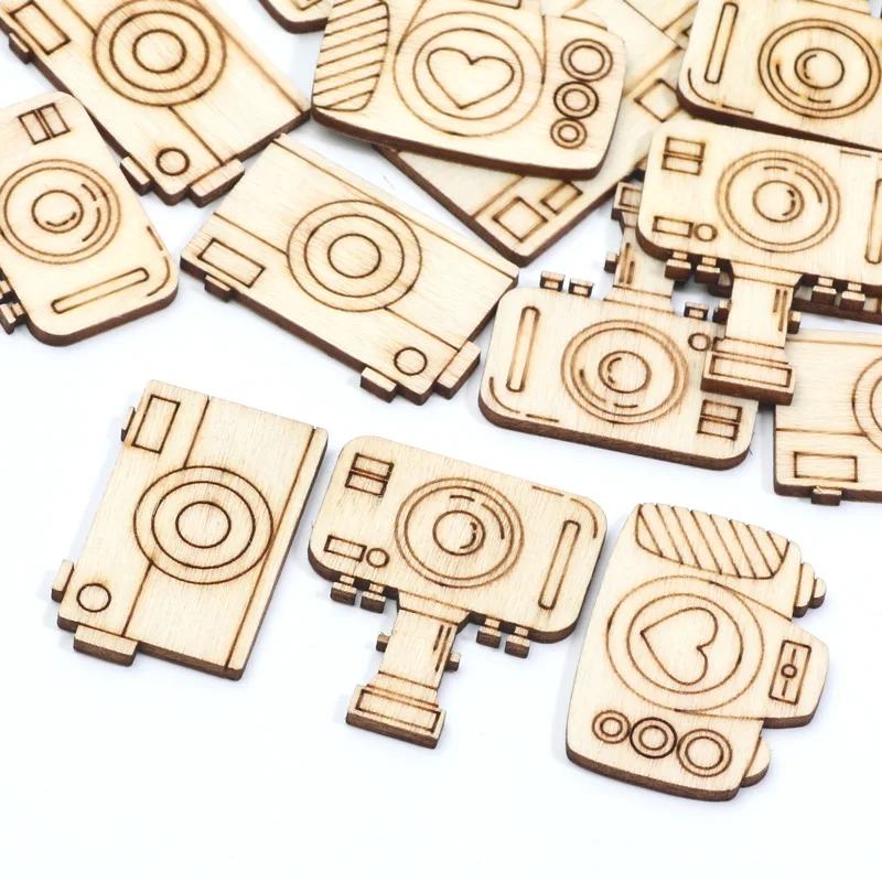 20pcs Mixed Camera Wooden Slices Handmade Embellishments Scrapbooking Gift Unfinished Wood Home Decoration DIY Craft Supplies