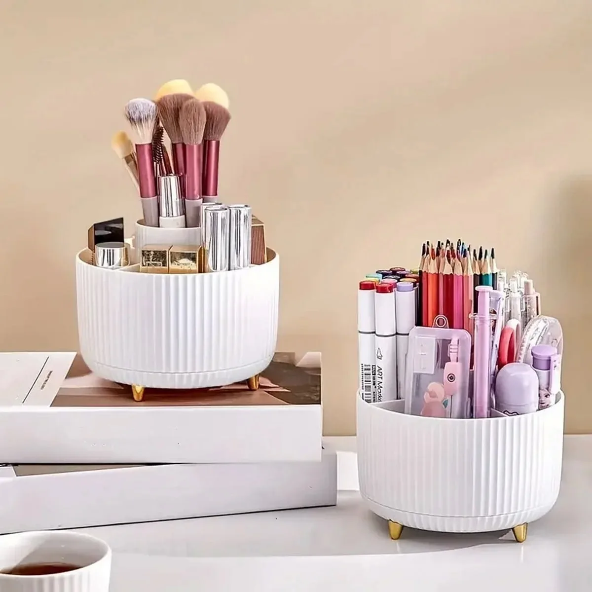 Rotating Desktop Cosmetic Storage Box Multi-Function Makeup Case Skin Care Organizer with Makeup Brush Holder