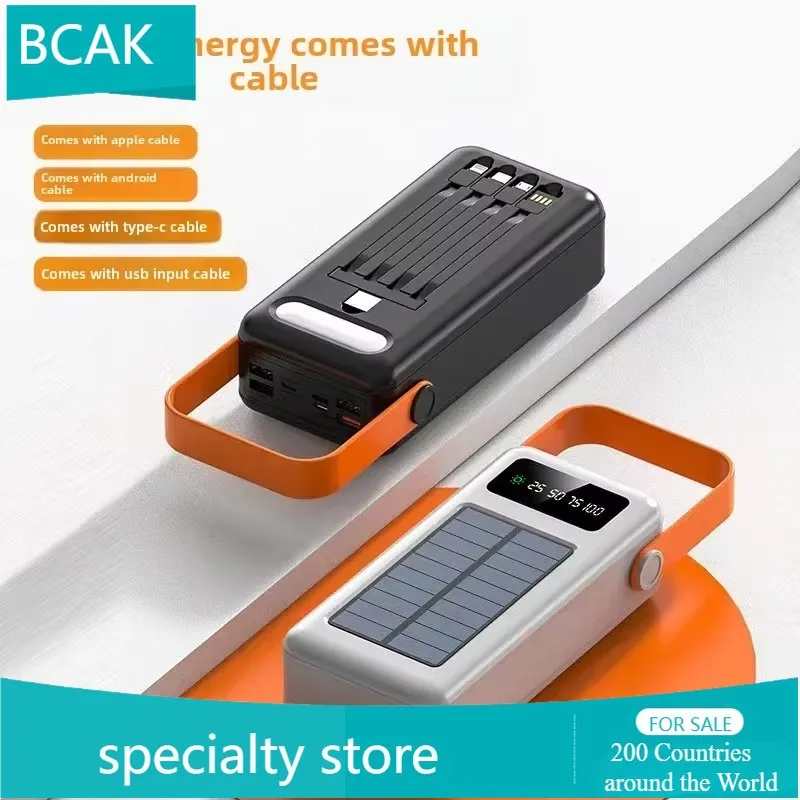 BCAK New Solar Power Bank Wholesale Own Cable 50000 MAh 200000mah Large Capacity Outdoor Portable for IPhone Xiaomi Mobile Phone