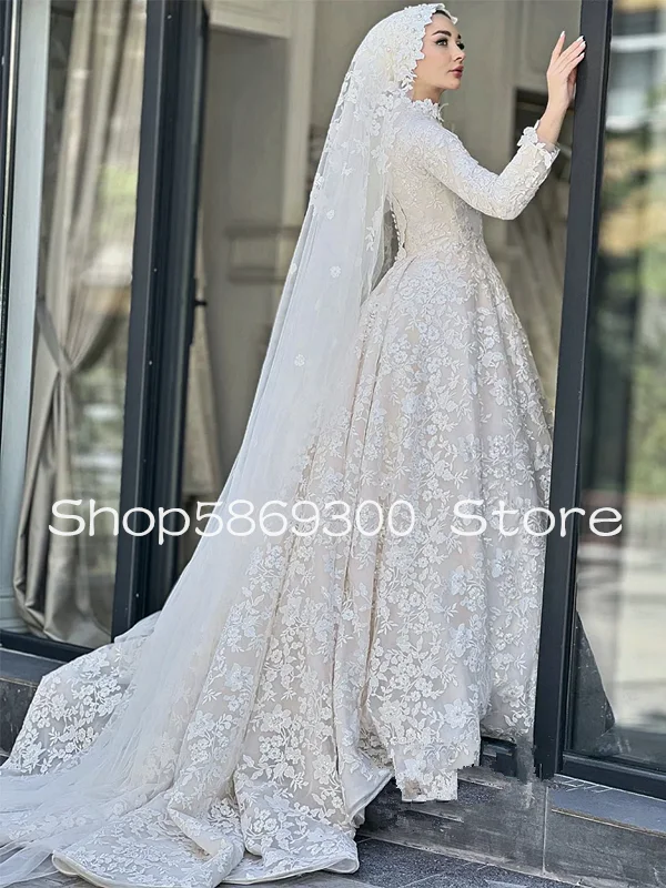 Lace Wedding Dress Customized Musilum hijab Bridal Gown High Neck Long Sleeves Sweep Train A Line Arabian Bridal Gown beskope