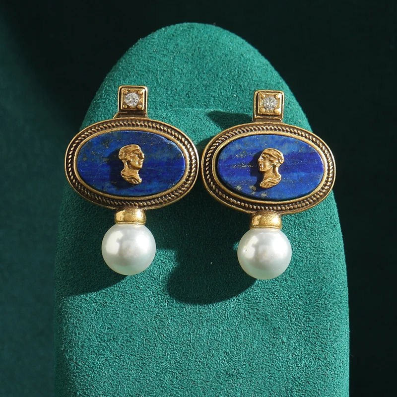 

Luxury Vintage Jewelry Gold Color Oval Blue Human Head Pearl Drop Earring Natural Stone for Woman Antique Accessories New 2025