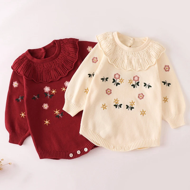 

2025 New Autumn Children Knitted Clothes Korean Style Climbing Suit Long Sleeved Embroidery Newborn Baby Girls Knitted Bodysuits