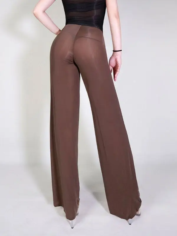 Summer Sexy See Through Pants Women Fitness Sports Wide Leg High Waist Trousers