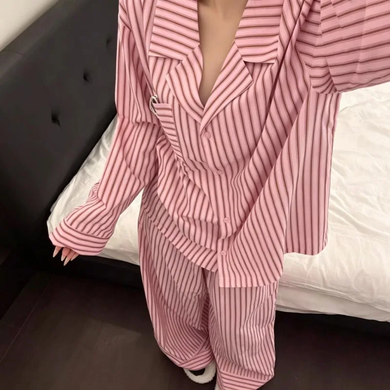 Korean Simple Women Autumn Pink Vertical Striped Pajama Set Lapel Long Sleeve Top & Pants Soft Casual Home Loungewear Sleepwear