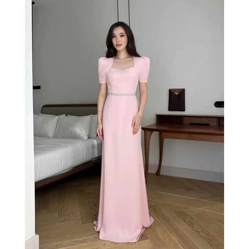 Indie Elegant Pink Short Sleeve Prom Dress Square Neck Beaded Party Evening Gown Floor Length Formal Occasion Gowns customized