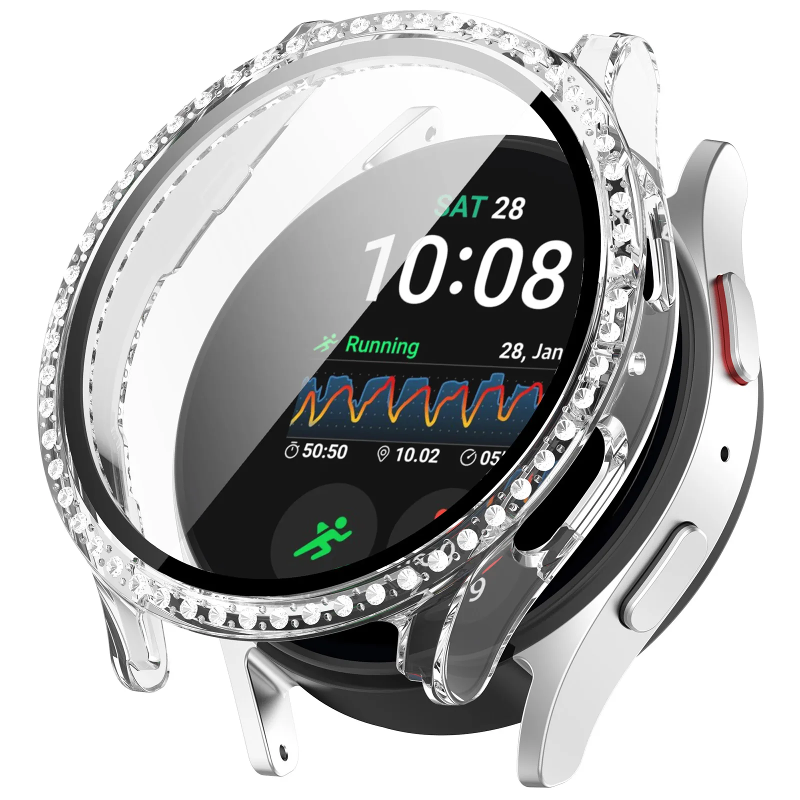 

Для Samsung Galaxy Watch7 40 мм чехол со стразами, жесткий чехол для часов из ПК с пленкой из закаленного стекла - прозрачный