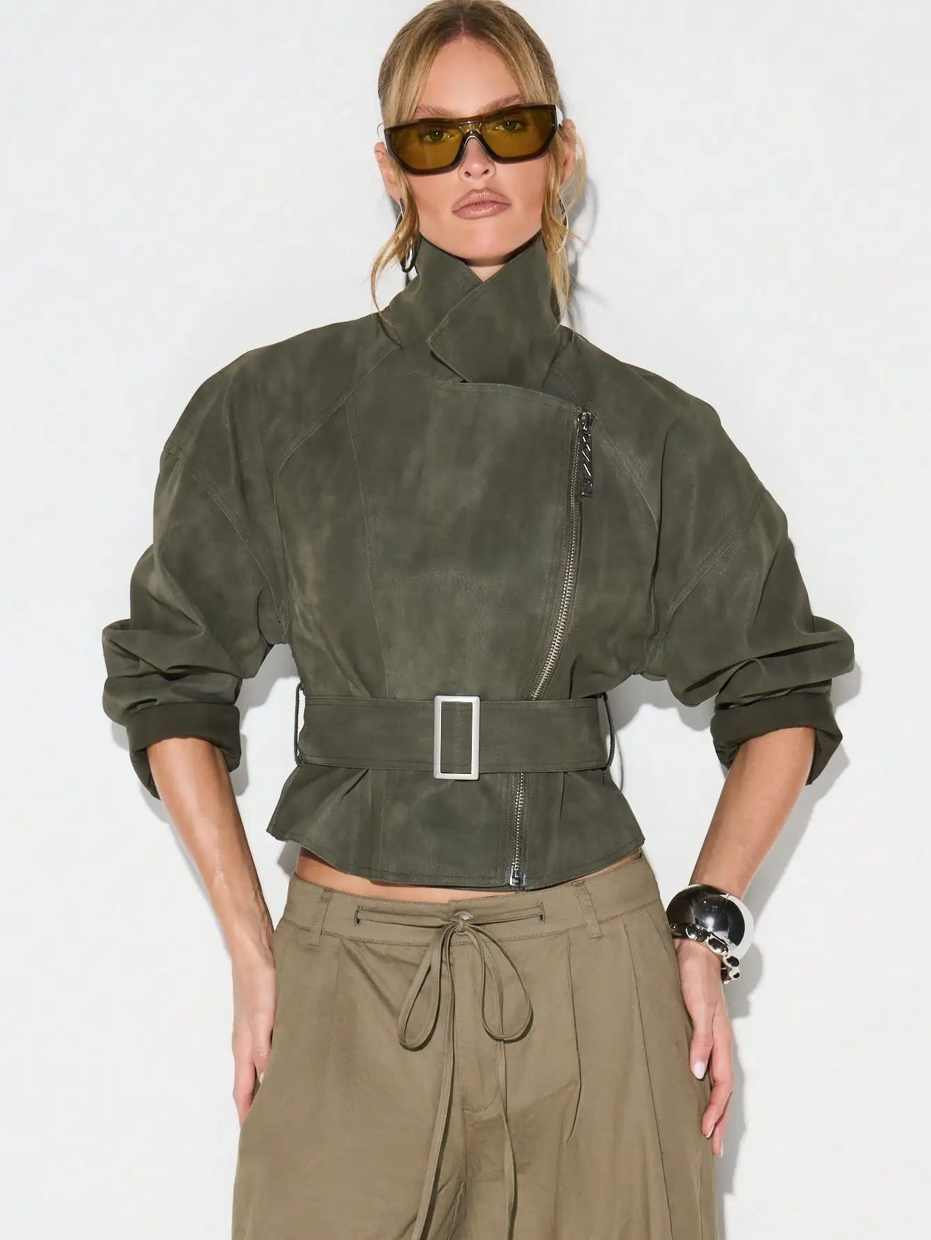 

Olive Green Cropped Suedette Biker Jacket with High Neck Zipper and Belted Waist for Fall Winter