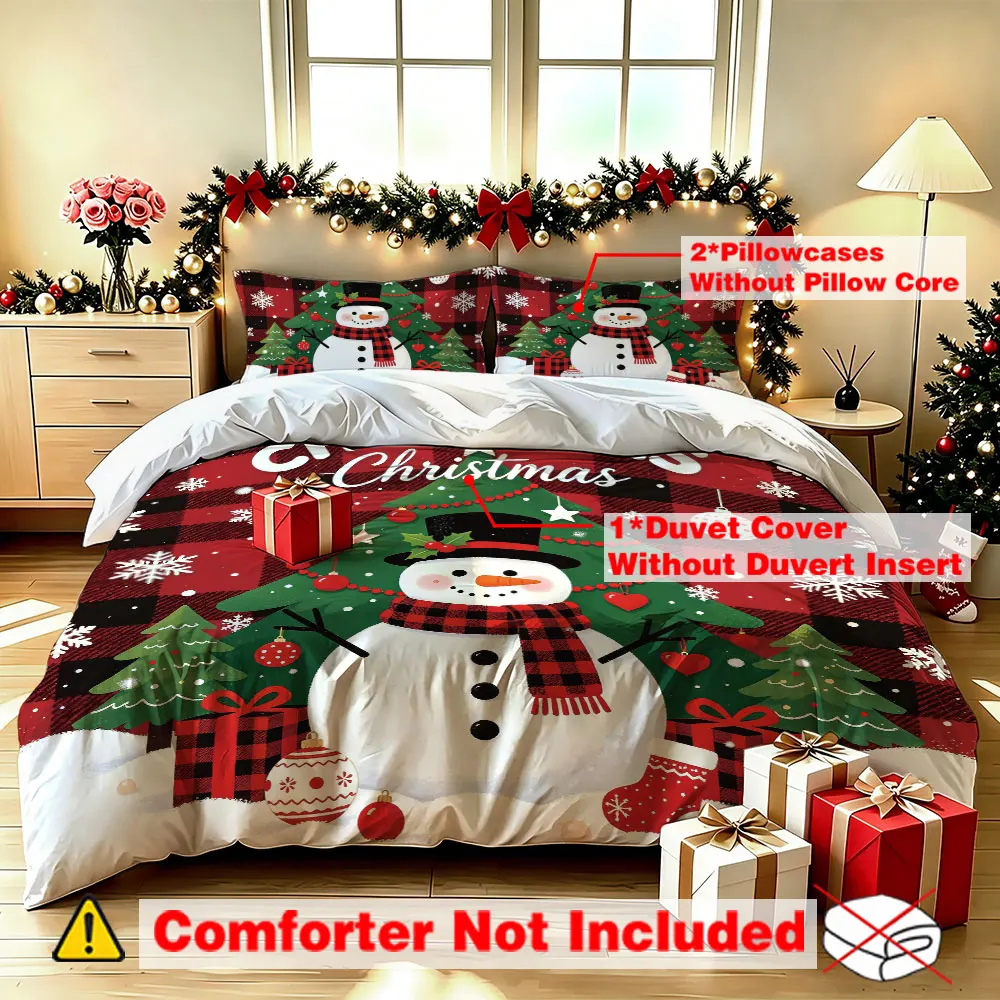 3 Pcs Christmas Duvet Cover Set Snowman Red Black Plaid Snowflake Print Warm Cozy Bedding Set for Home
