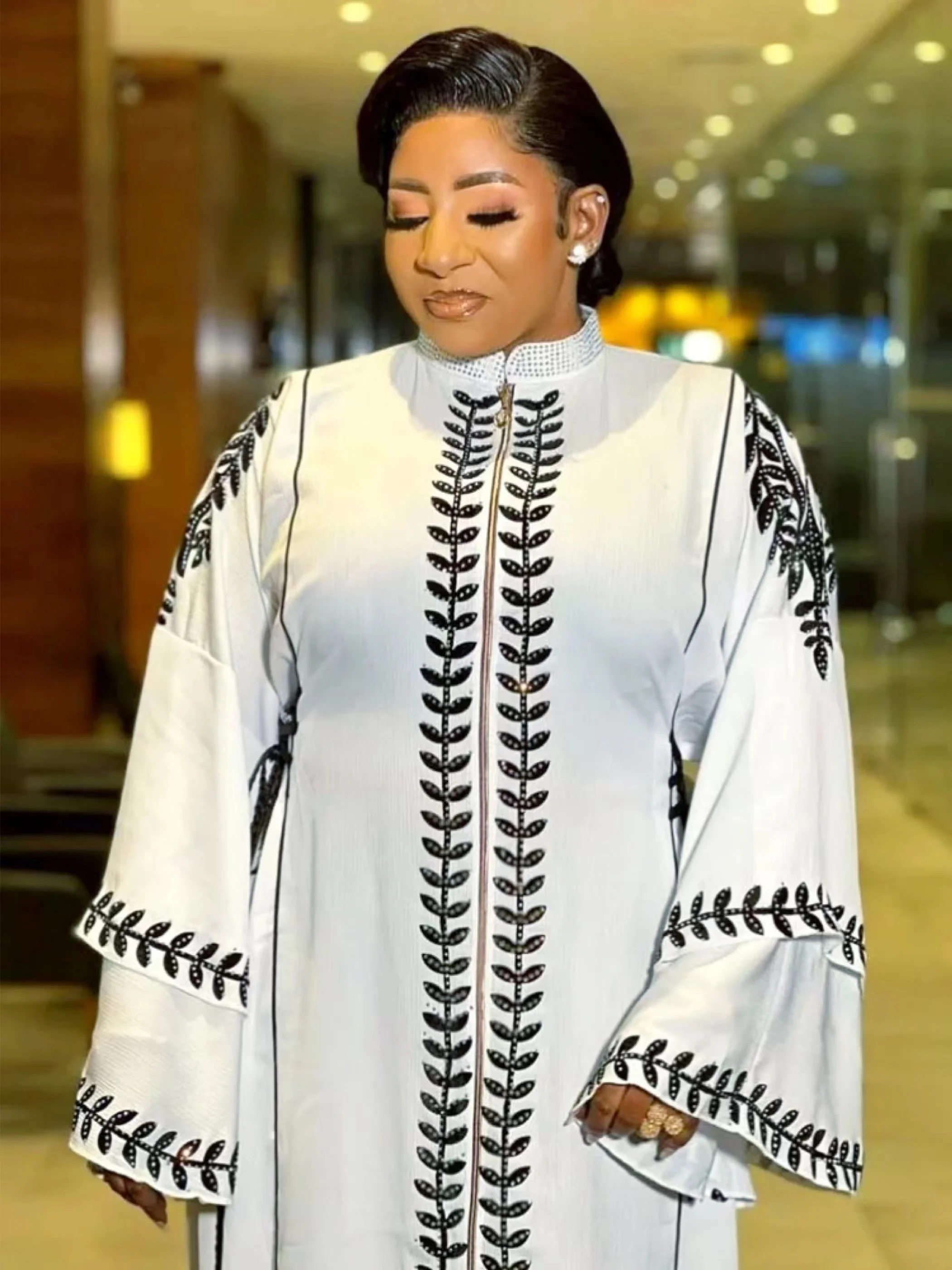 2023New African Spring Design Bazin Chiffon Long Stick Diamonds Sleeve Dashiki Dress Lady Muslim Middle East Abaya Women Clothe