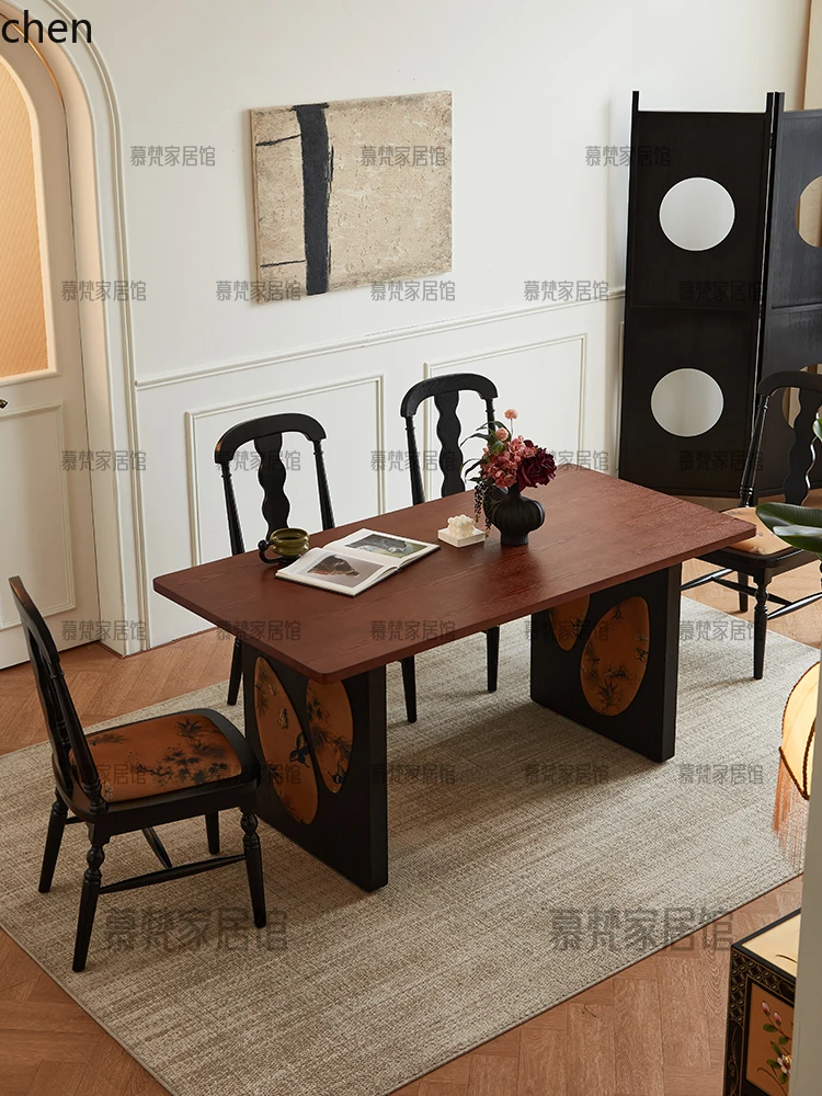 

HXL retro dining table solid wood long dining table household medieval living room island dining table