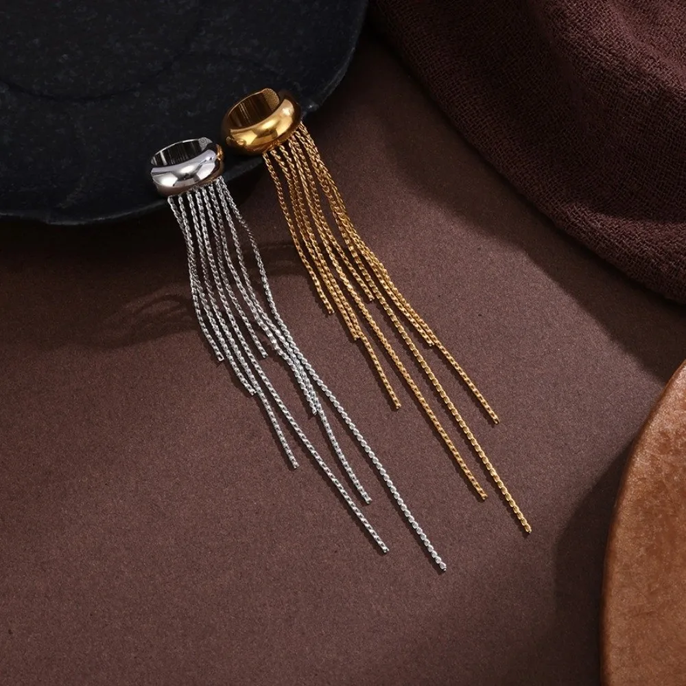 Luxury Long Chain Tassel Ear Cuff Stainless Steel Gold Color Ear Clip Single No Piercing Ear Wrap Charms Jewelry