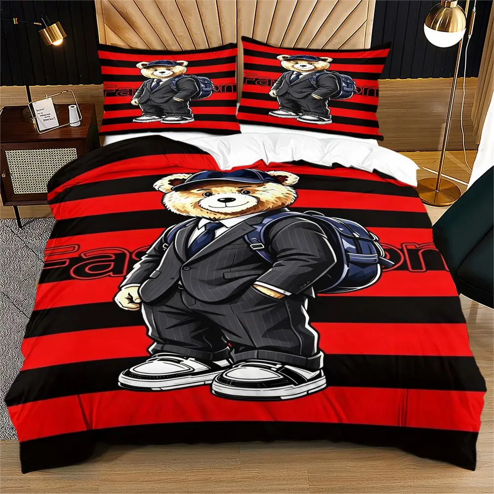 Fashion Suit Bear Stripe Print Duvet Cover Set Comforter Cover Bedding Set No Filler Trendy Male Guest Room Bedding Cover