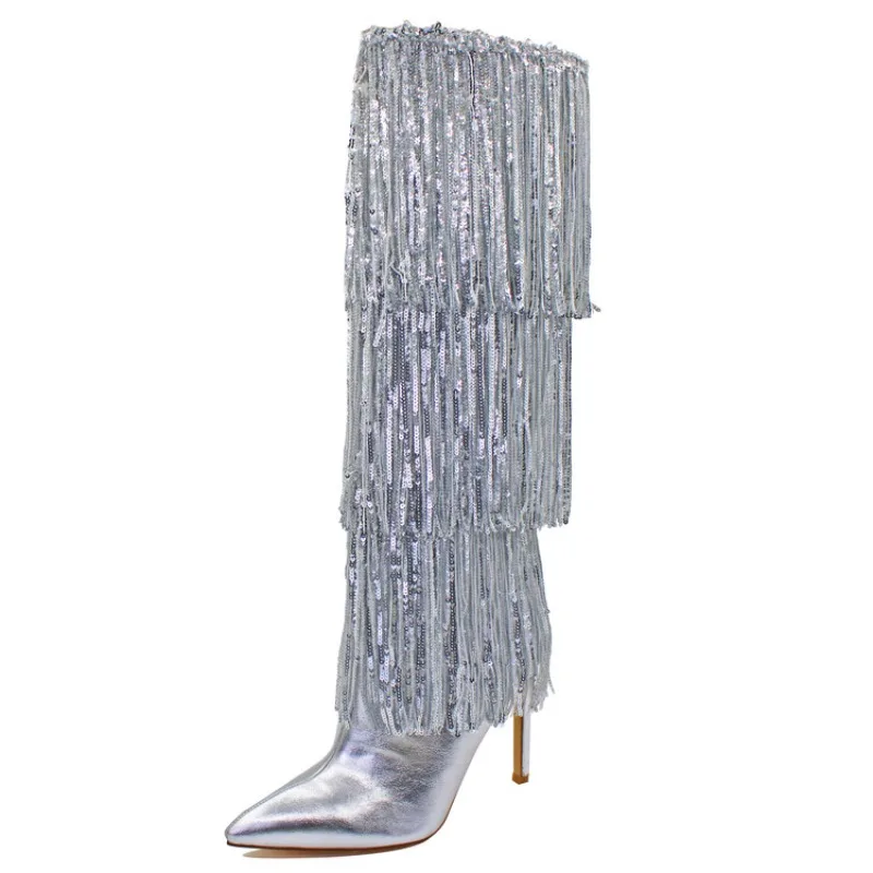 Tassel Sequin Decoration Silver Gold Long Boots New Autumn/Winter Spicy Girls Fashion Show High Heel Women's Boots Size 35-44