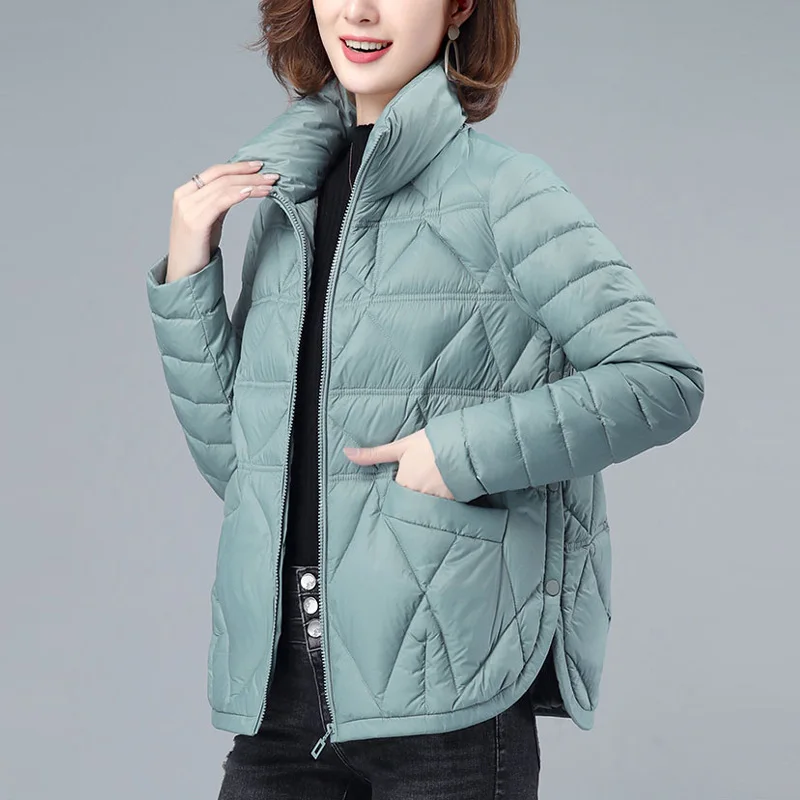 2023 Autumn Winter Women Lightweight Down Cotton Jacket Thin Solid Stand Collar Short Jacket Female Cotton Padded Coat Overcoat