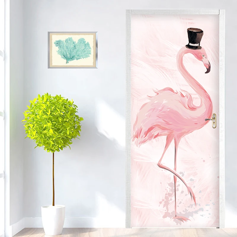 Tropical rosa flamingo porta adesivo cartaz sala de estar quarto pvc auto-adesivo papel de parede à prova dwaterproof água criativo porta decoração decalque