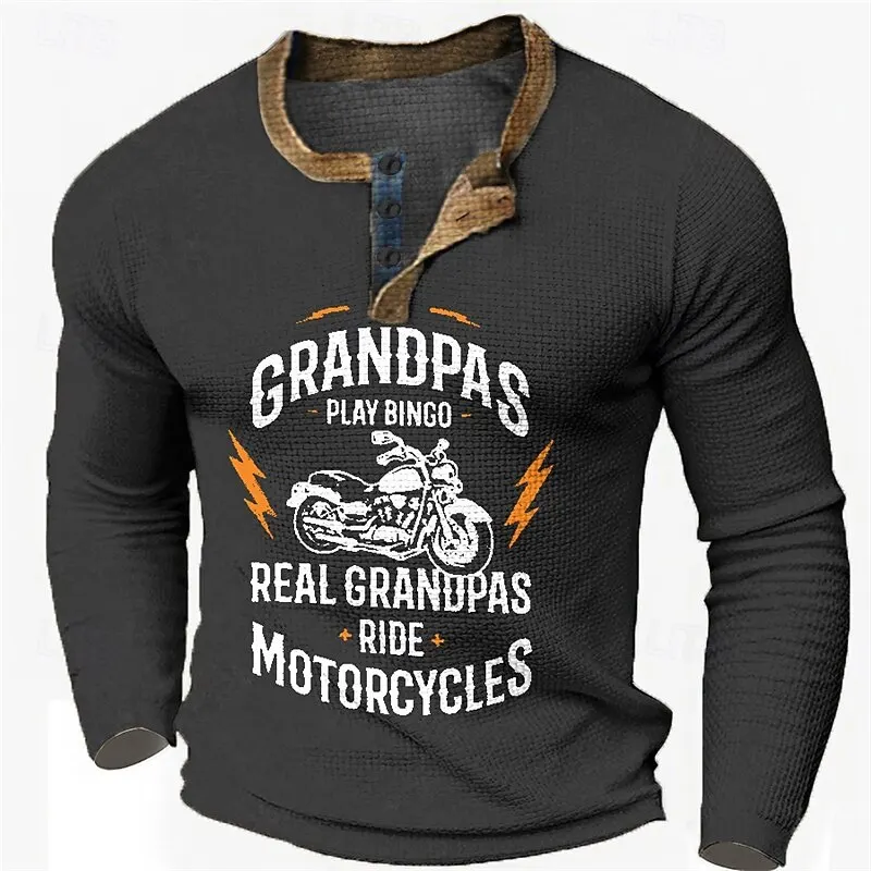 

3D Letter Print Henley T-Shirt For Men Vintage Motorcycle Graphic Long Sleeve Button Pullover Loose Outdoor Casual Men's Clothes