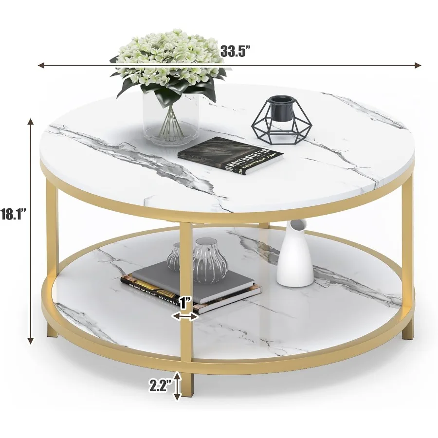 Living room round coffee table with high-glossy faux white marble top, sturdy gold metal frame, modern circular design, open sh