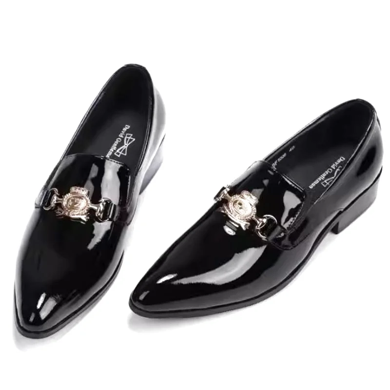 

High Quality Buckle Leather Shoes Men Patent Leather Loafers Designer Pointed Toe Formal Shoes Genuine Leather Mens Dress Shoes