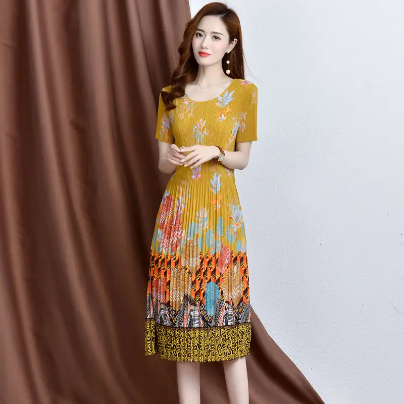 Print dress female 2023 new spring short-sleeved thin temperament V-skirt child long section short sleeve o neck dress clothing