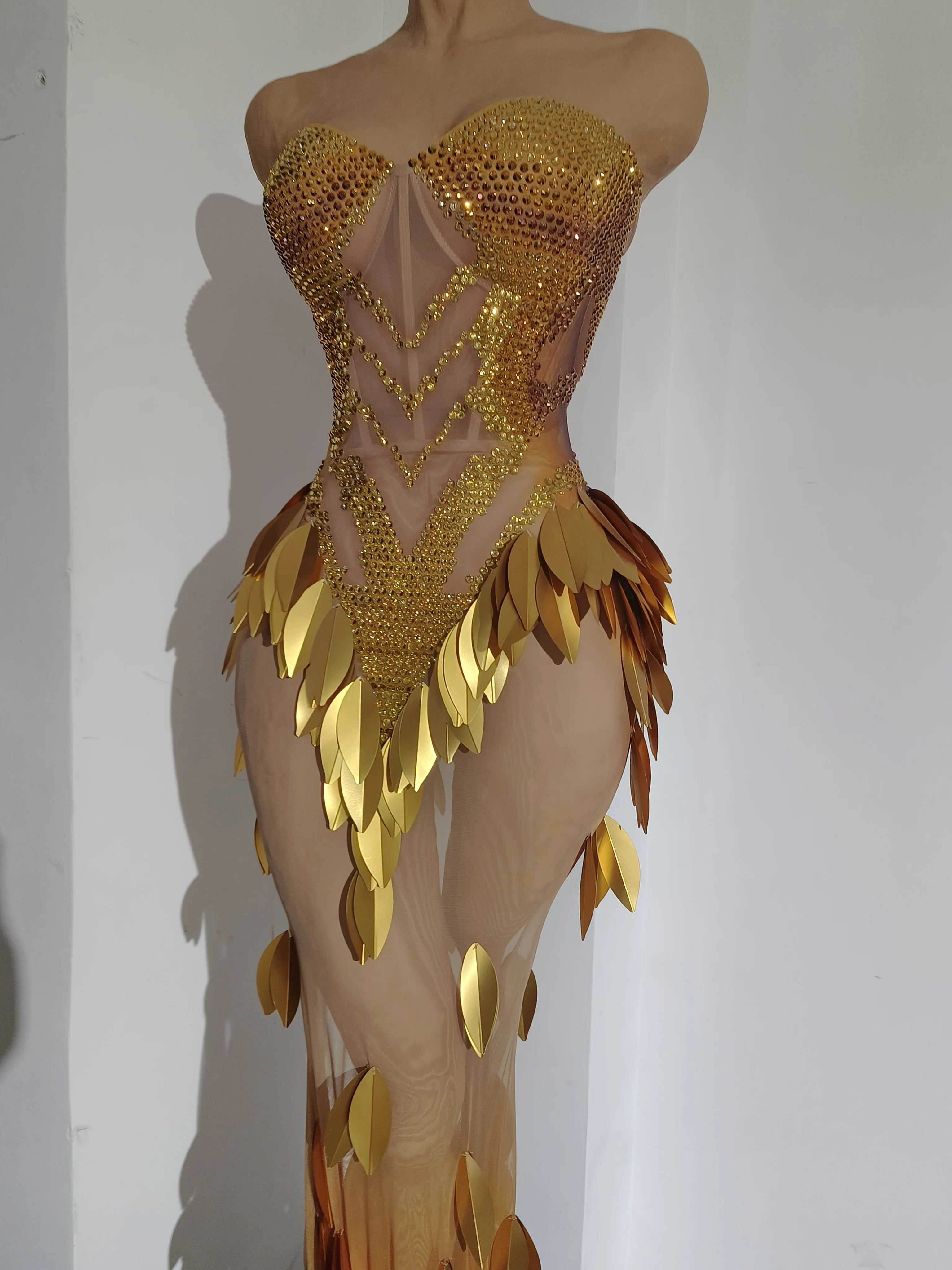 Sparkly Gold Diamonds Leaf Strapless Sexy Mesh See Through Long Dress Birthday Evening Celebrate Party Nightclub Show Stage Wear