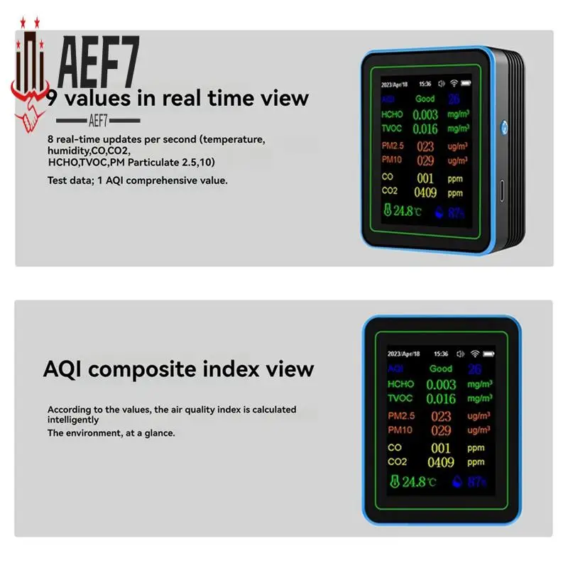 

AEF7-Tuya Wi-Fi 12 в 1, монитор качества воздуха, многофункциональный PM2,5 AQI PM1O HCHO TVOC CO2, экранный дисплей Air