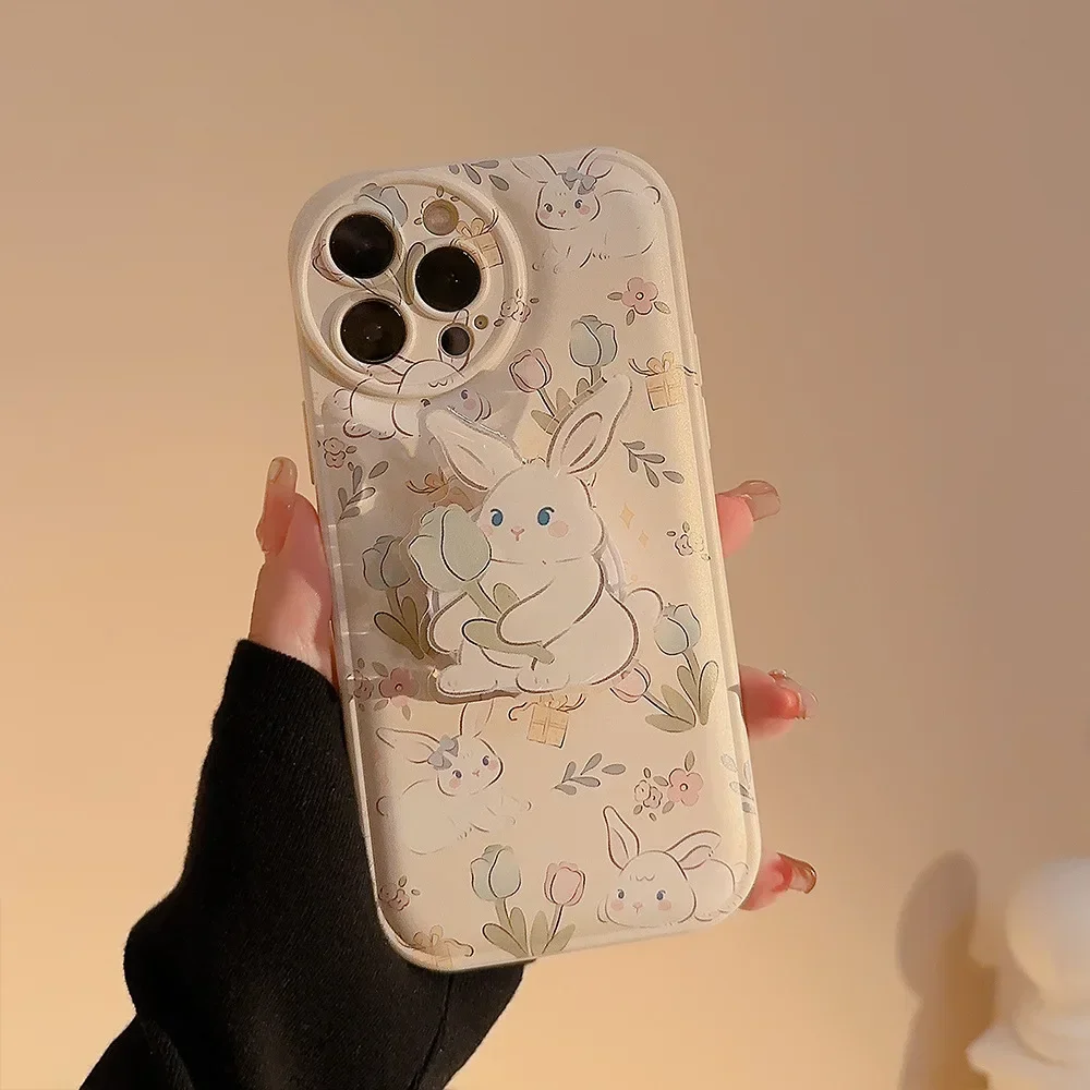 Garden rose rabbit cartoon bunny Bracket shell Phone Case For iPhone 16 15 14 13 12 Pro Max Xr 14 16 Plus Case Cute Soft Cover