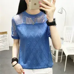 Casual Summer Stylish Argyle T-shirt Female Clothing Solid Color Commute Elegant Lace Hollow Short Sleeve Out Knitted Pullovers