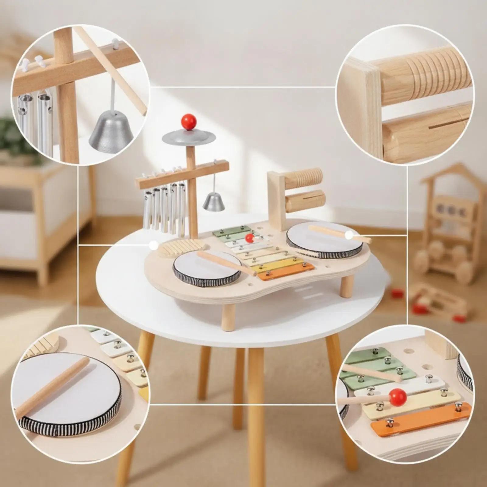 Percussion Station Developmental Percussion Toy with Xylophone Drum Sensory Wooden Activity Center for Young Children,