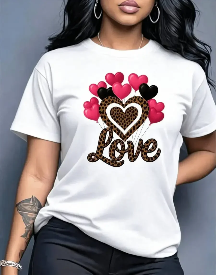 Women Short Sleeve T-Shirt Leopard Heart & Balloon Print Blouse, Machine Washable Comfort Casual Top Women's Summer Clothing