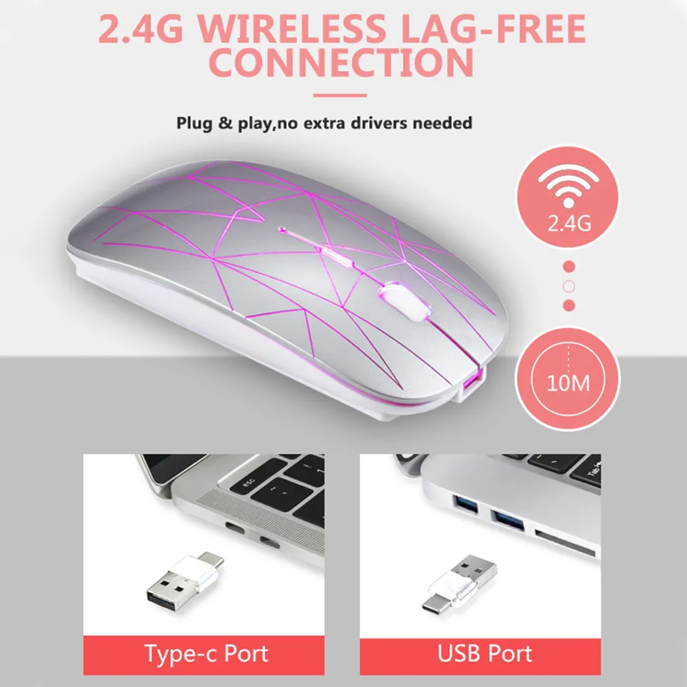 

Беспроводная мышь с двумя приемниками USB/USB-C, RGB-подсветкой, бесшумная, с регулируемым DPI, оптическая, для игр, офиса, ноутбука