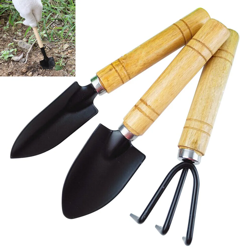 

2 Sets Mini Shovel Garden Tools Durable Rust Resistant Wooden Handle Trowel Rake Cultivator Camping Shovels Digging