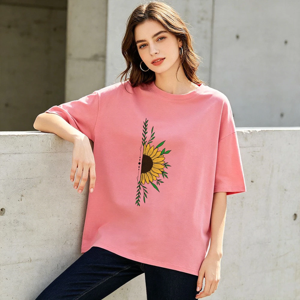 Simple Half Sunflower Leaf Botanical T Shirt Women Fresh Floral Art Print Cotton Crew Neck Casual Short Sleeve Top