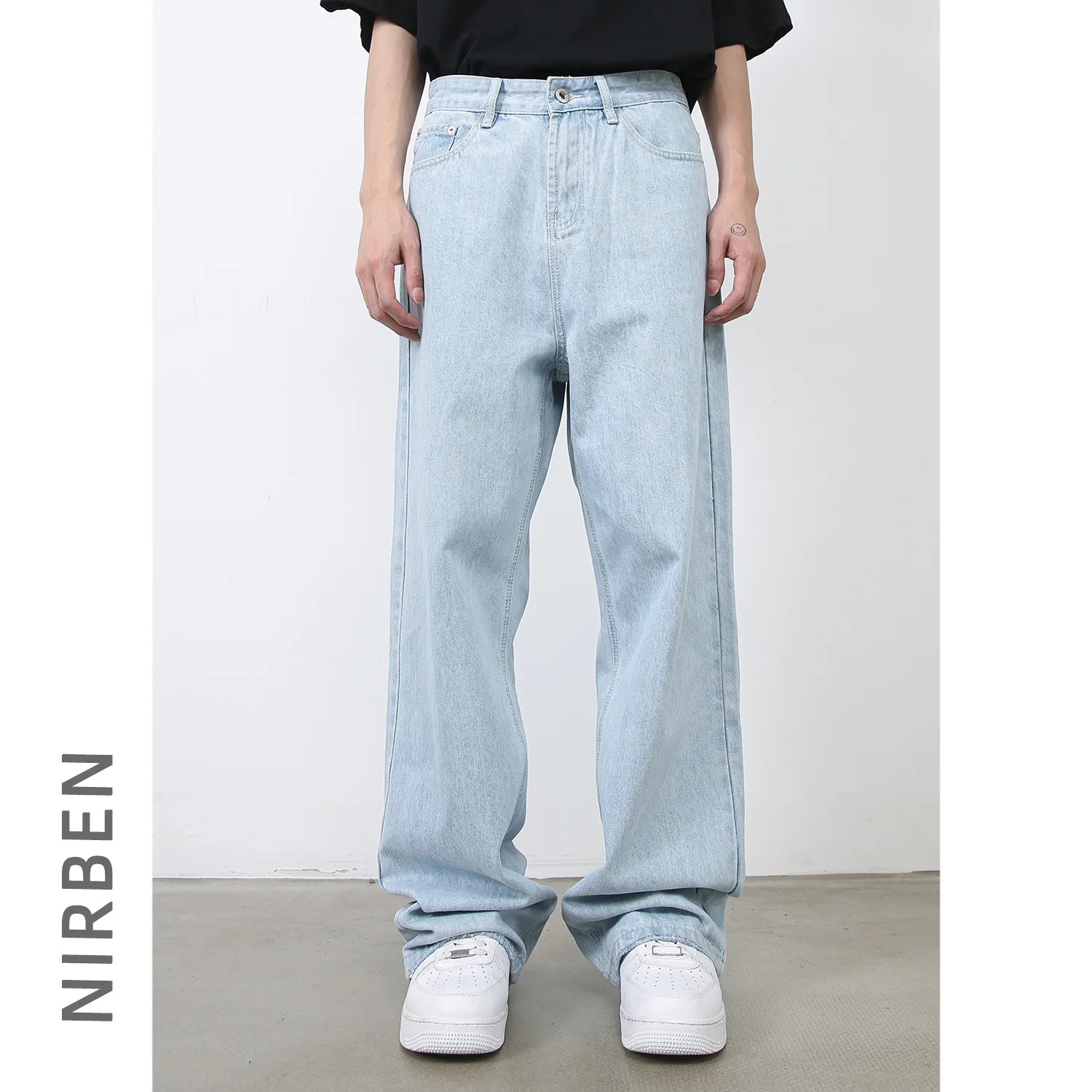 Trendy Brand Retro Light Blue Straight Jeans Men's Loose Wide-leg Pants Washed Versatile Trousers