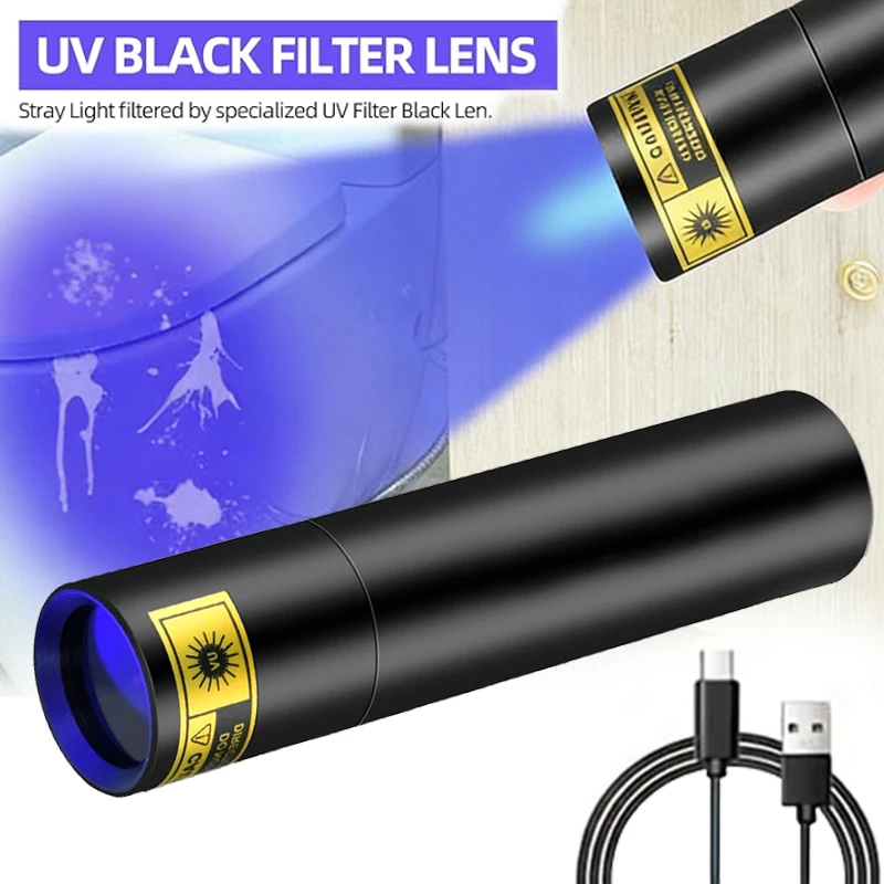 Mini 365nm UV Flashlight Charging Ultraviolet Blacklight Torch Manicures Cat Dog Urine Tinea Money Ore Scorpion Detection lamp