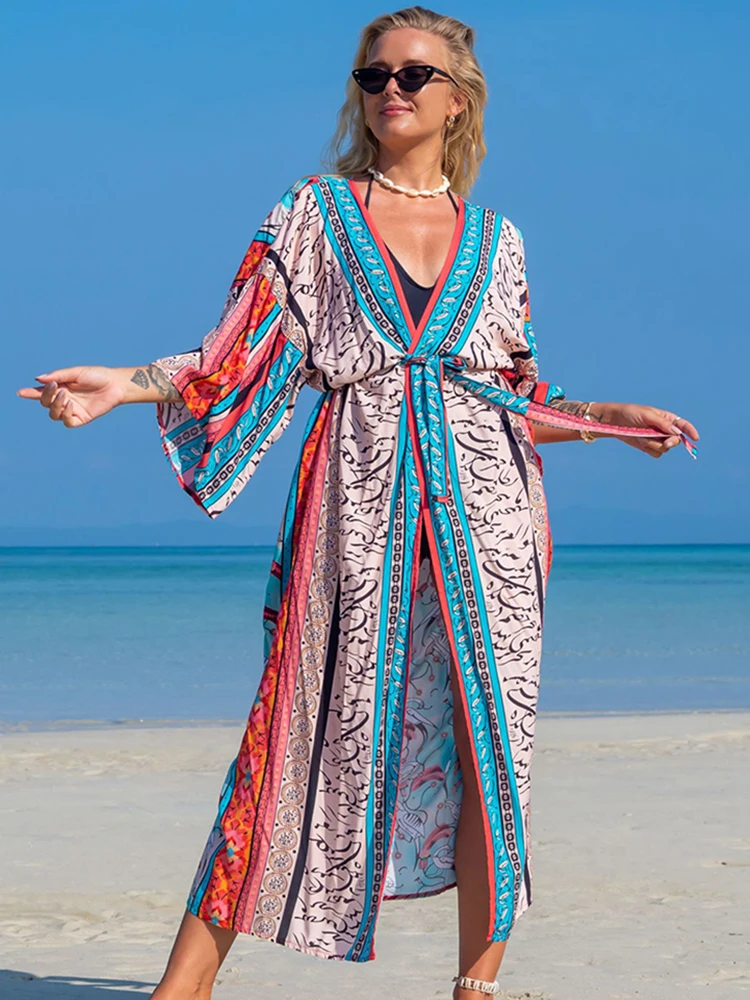 Tiger Print Rayon Cover-up 2023 Loose Kaftan Dress Front Open Beach Kimono Tunic For Beach Pareo Swimsuit Cover Up Beachwear