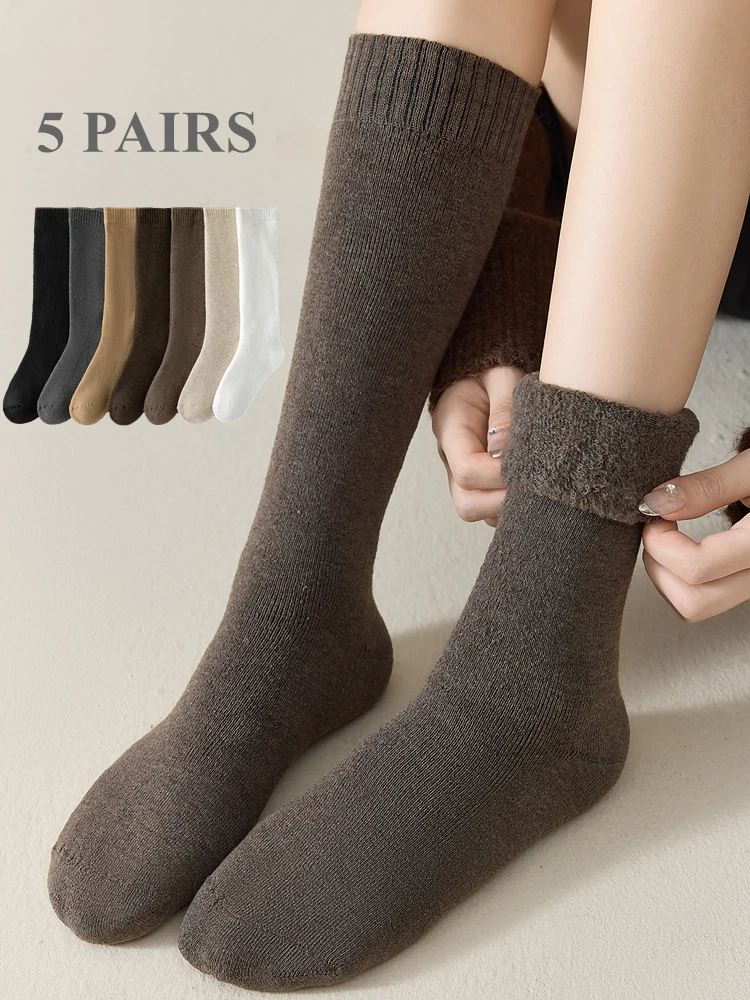 

5 Pairs Fleece Winter Socks Women Thick Warm Cozy Fuzzy Thermal Socks High Quality Calf Socks Ladies Furry