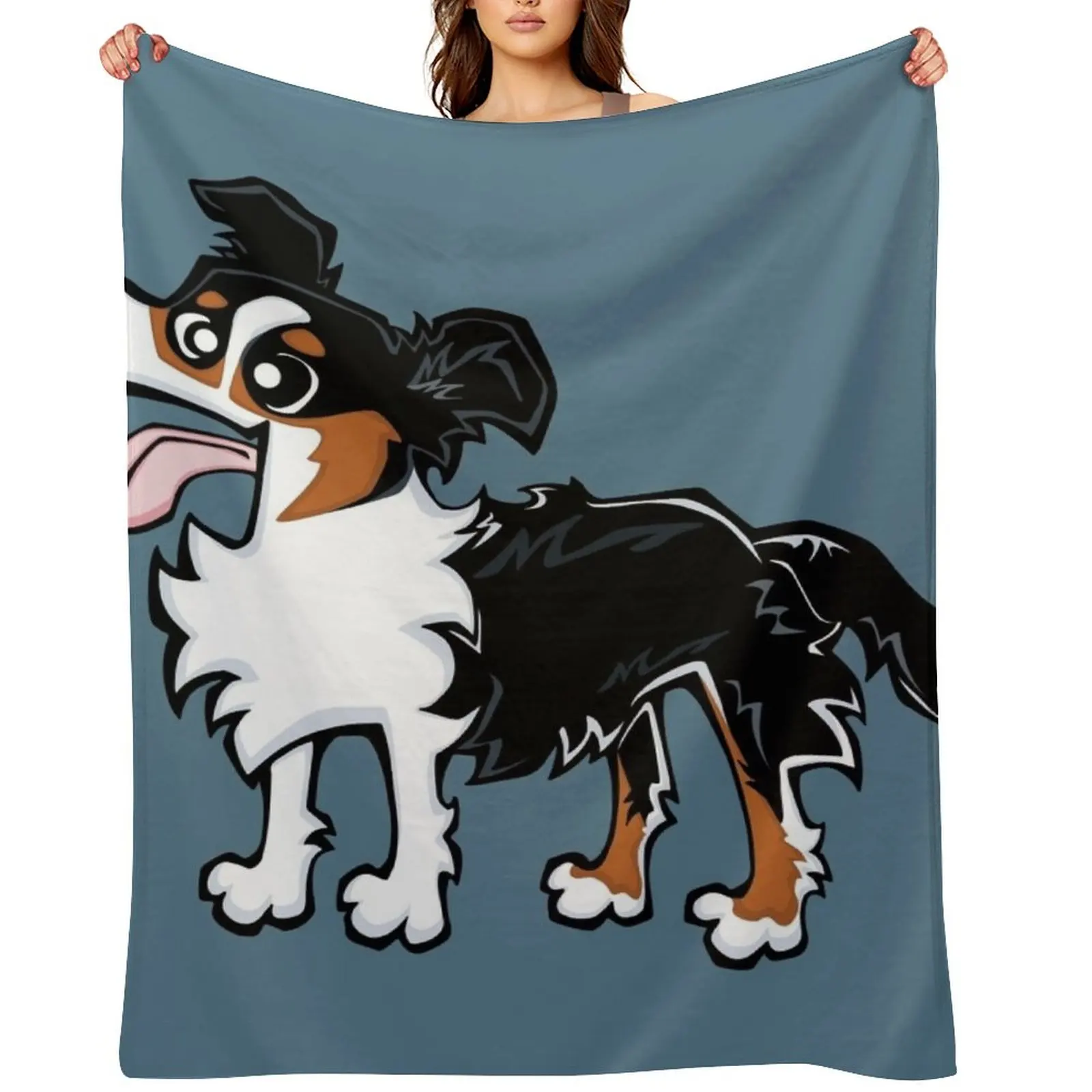 Border Collie - Tricolour (Full Body) BLUE BG Throw Blanket Hair Flannel Fabric Cute Plaid halloween Blankets