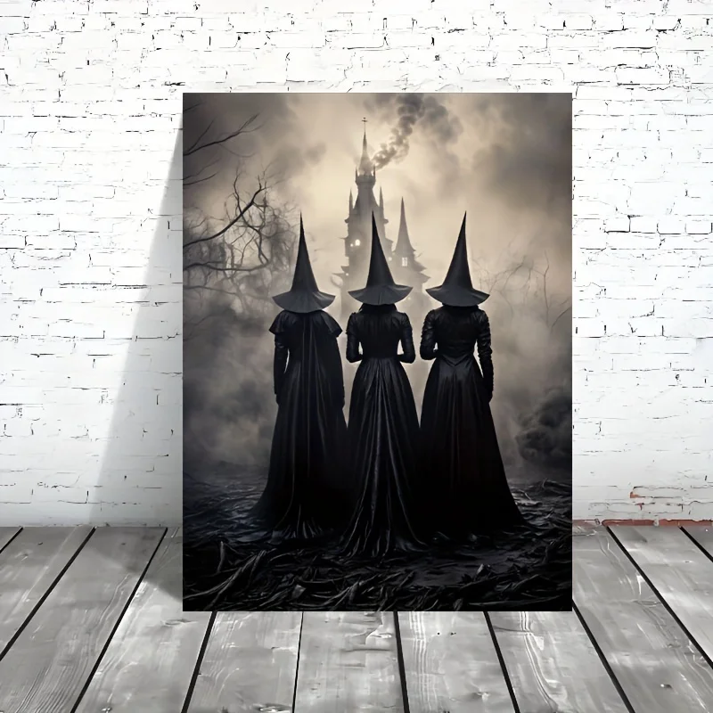 

Classic Retro Aesthetics Wall Art Halloween Goth Ghost Witch and Crow Pumpkin HD Oil on Canvas Poster Home Bedroom Decor Gift