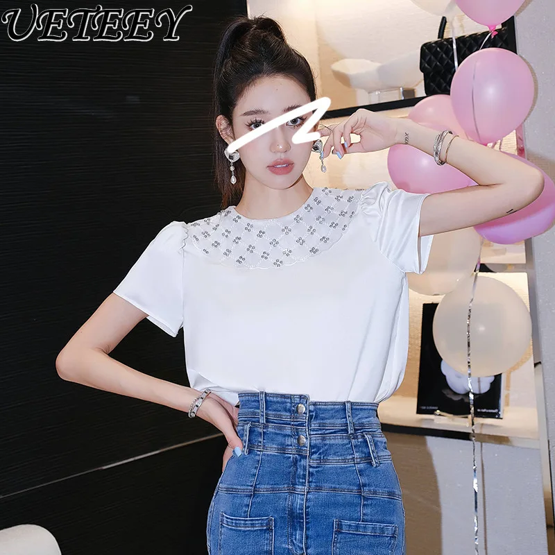 2025 Summer New Doll Collar Loose Bead Versatile Short-sleeved T-shirt Women's Design Sense Casual White Short Top T Shirts