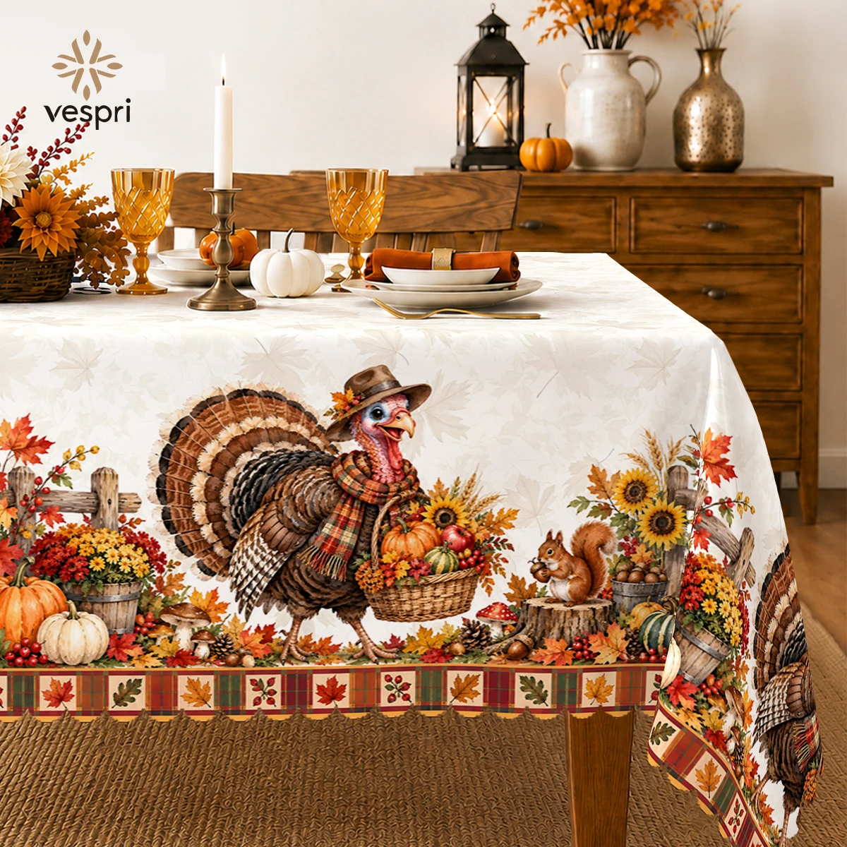 Harvest Tablecloth with Turkeys & Fall Produce for Indoor/Outdoor Camping decor, Rectangular/Round/Oval