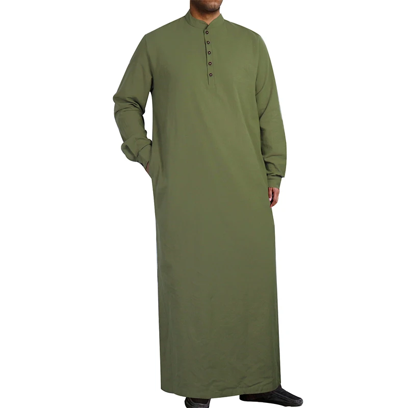 Cotton & Linen Blend Men\'s Ramadan Long Sleeve Solid Band Collar Thobe With Pocket, Arabic Long Gown Thobe For Men