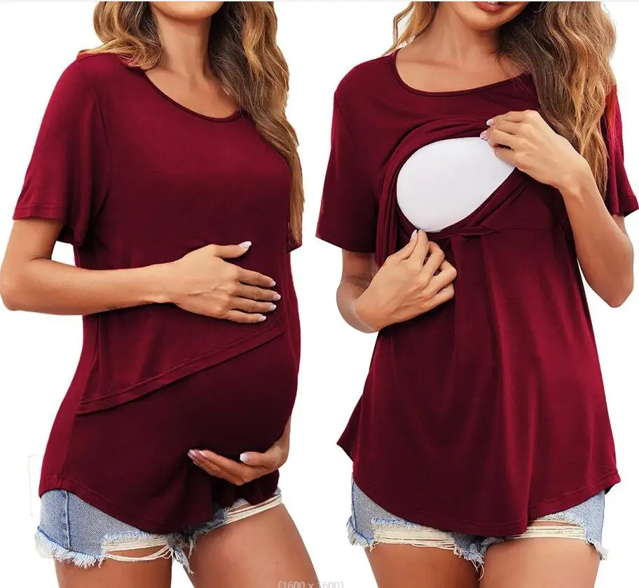 New Maternity pajamas Womens Short Sleeve Crew Neck Solid Color Summer Autumn Nursed Tops Casual pajamas For Breastfeeding Dress