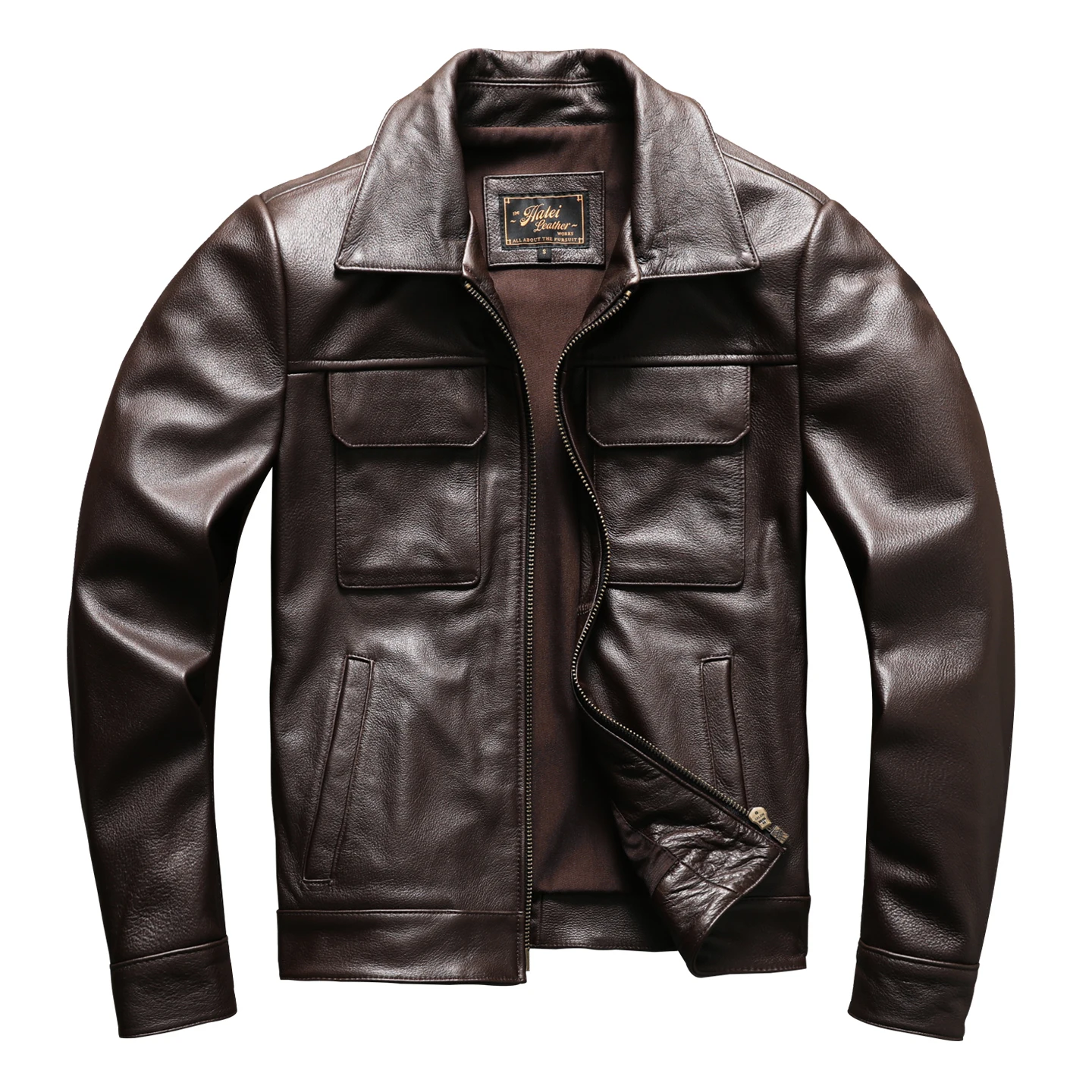 

Dark Brown Autumn Leather Jacket Men Smart Casual Style Plus Size 5XL Genuine Natural Cowhide Turn-Down Collar Coat