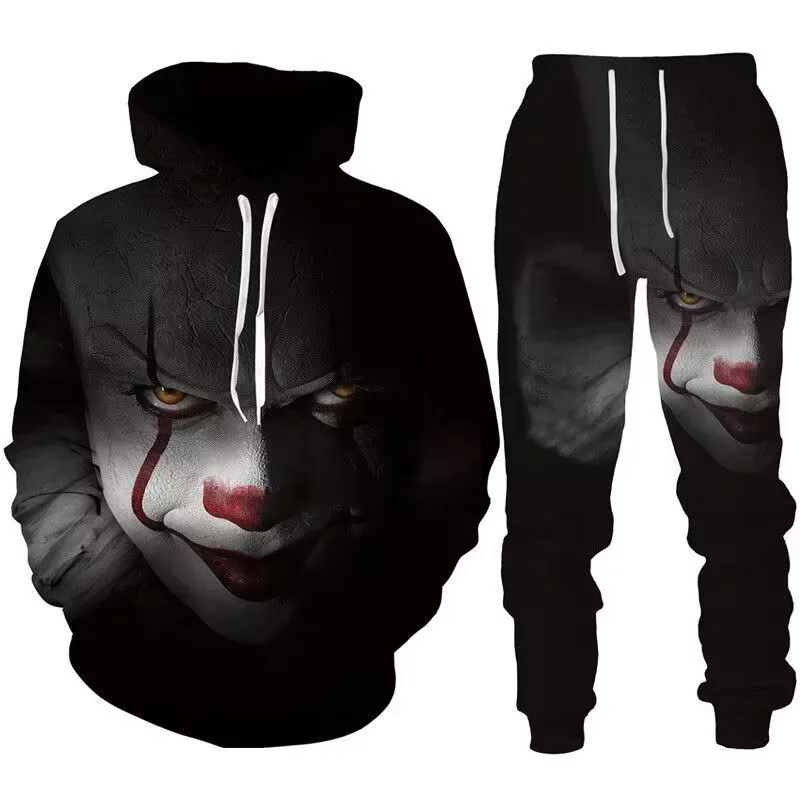 Halloween 3D Evil Clown Printed Oversize Hoodie Suit Funny Tracksuit Set Men Sweatshirt 2 Piece Autumn and Winter Men\'s Clothing