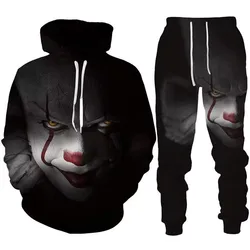 Halloween 3D Evil Clown Printed Oversize Hoodie Suit Funny Tracksuit Set Men Sweatshirt 2 Piece Autumn and Winter Men's Clothing