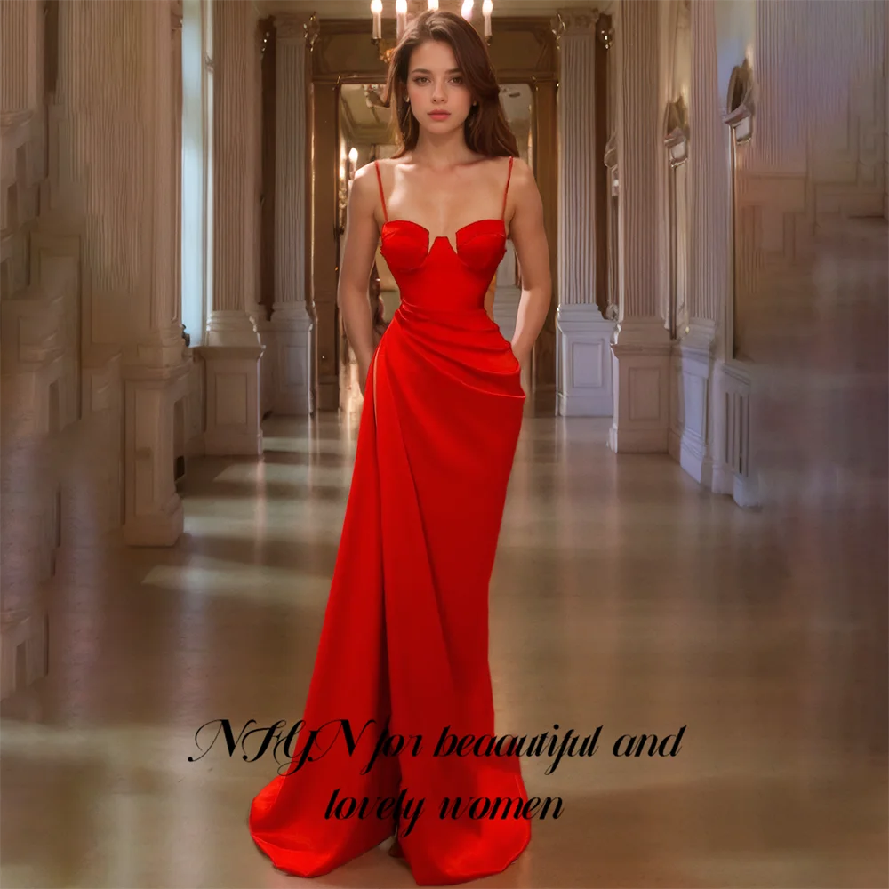 

NFYN Red Stain Formal Dress Spaghetti Strap Mermaid Sweetheart Prom Night Dresses Pleat Evening Gown with High Split Customized