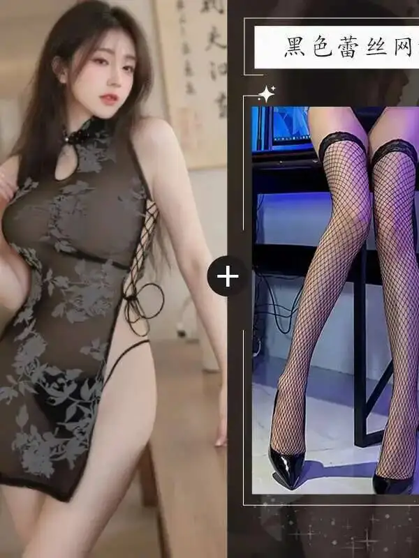 ชุดเดรสสั้นทรงกี่เพ้าสไตล์จีนใหม่ ปรับปรุงใหม่ เซ็กซี่ ผ้าบาง ผ่าสูง ลายหมึก สนุกสนาน ชุดชั้นในผูกเชือก ทรงกี่เพ้า รุ่นบาง VWX5