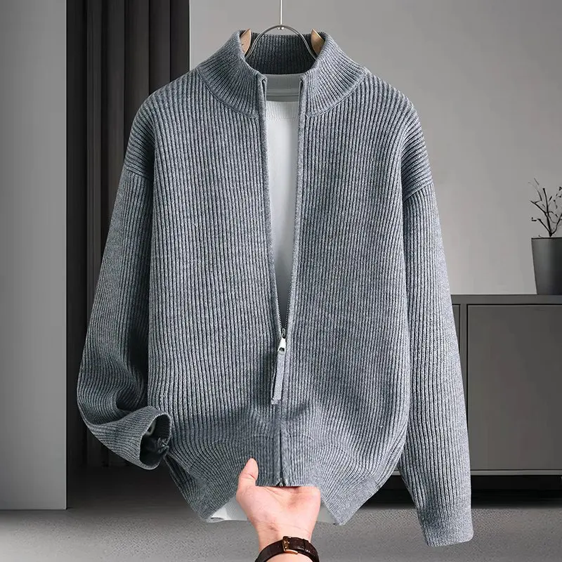 Men's Solid Color Zip Cardigan Slim Fit Knitted Sweater Stand Collar Jacket Autumn Winter Casual Half-high Outerwear