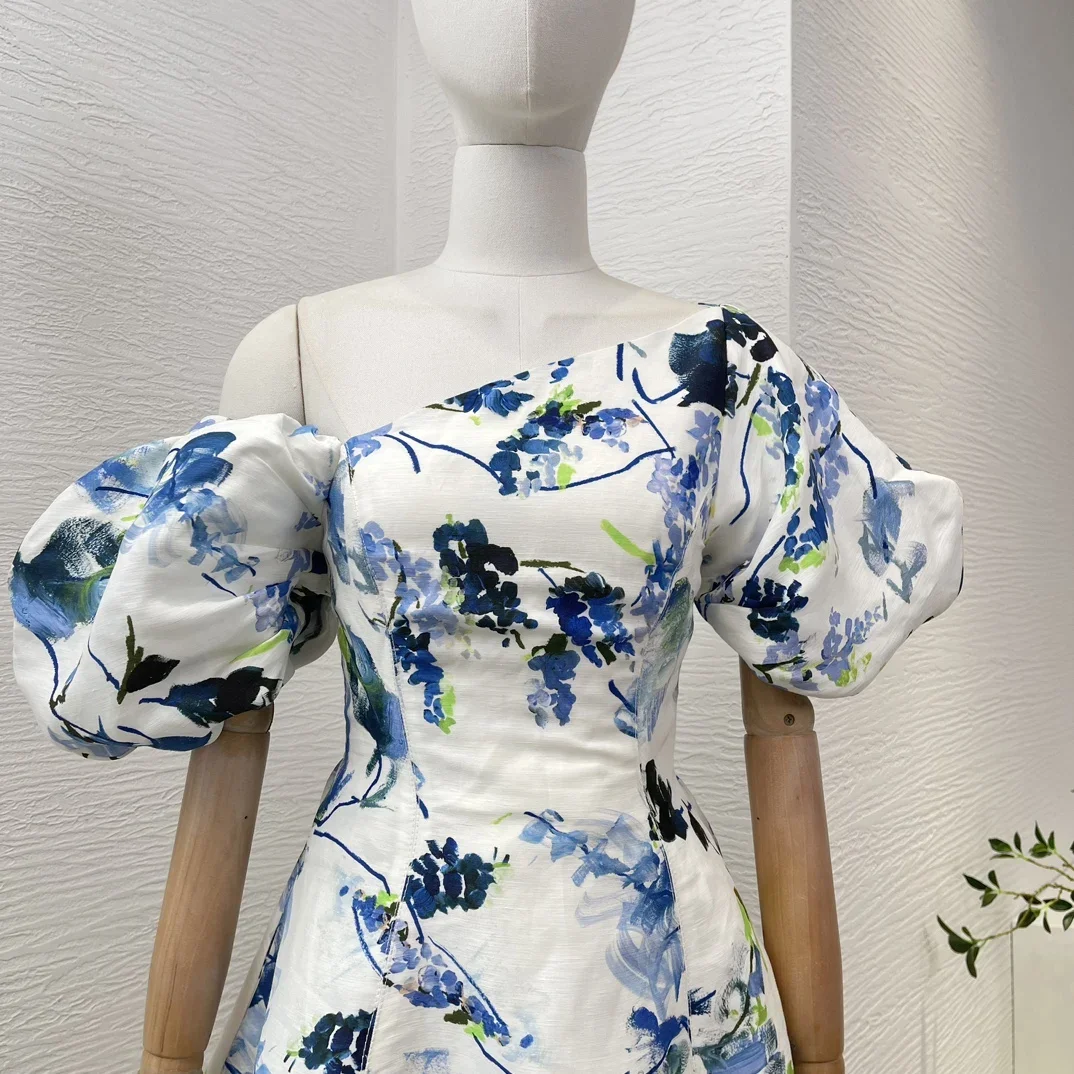 Rose Red Slant Collar 2024 New Green High Quality Self Tie Back Bow Short Sleeve Waist A-line Women Blue Floral Print Mini Dress