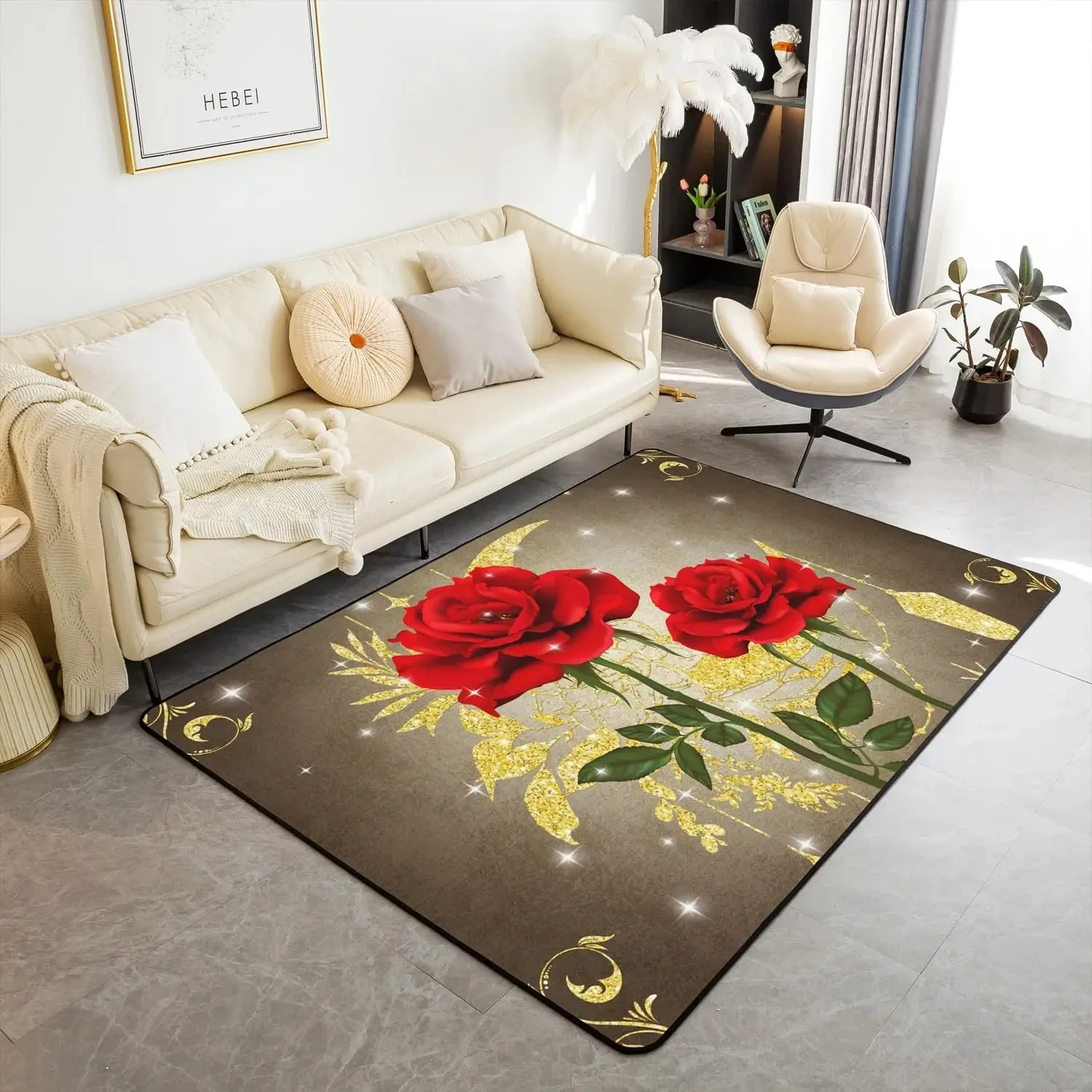 Red Rose Area Rug for Girls Women Blossom Flower Carpet Valentine's Day Living Room Wedding Decor Romantic Floral Floor Mat